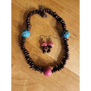 El Refugio Handmade Coffee Bean Necklace and Earring Set w Pink/Blue Accents